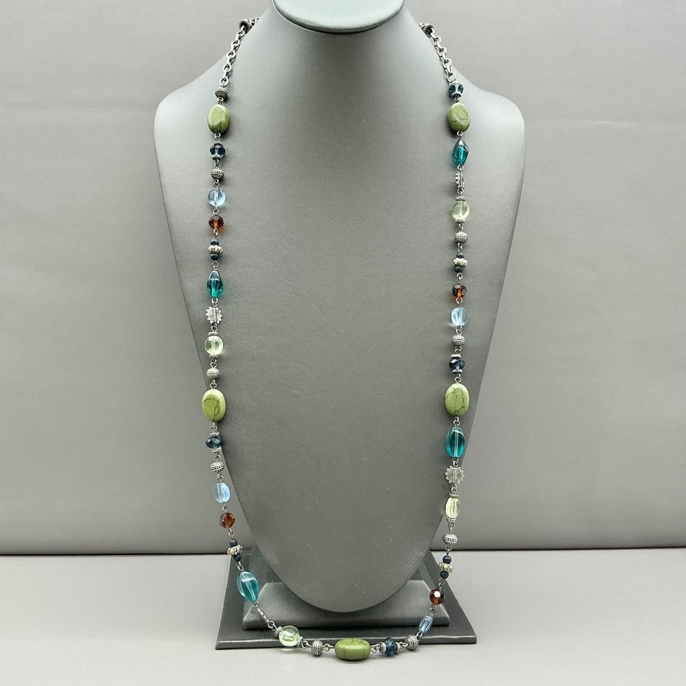 Beaded Long Necklace Women Green Blue Faux Stone Crystal Silver Tone Boho Style